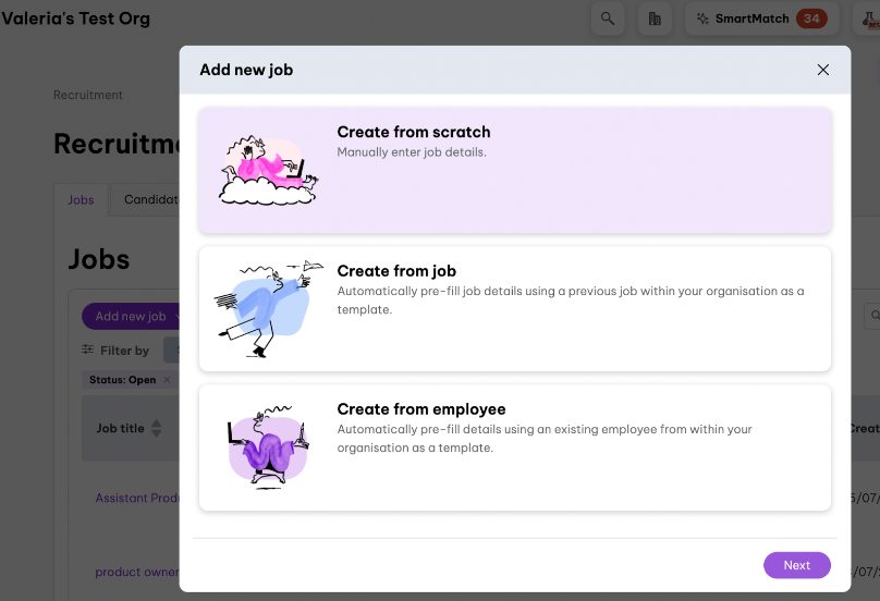 Popup window titled 'Add new job' with three options for creating a job: 'Create from scratch' to manually enter job details, 'Create from job' to pre-fill job details using a previous job as a template, and 'Create from employee' to pre-fill details using an existing employee as a template. Each option includes an illustrative icon, with a 'Next' button at the bottom